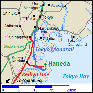 Map of the railway routes from Tokyo to Haneda Airport