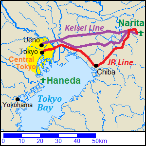 Map of the railway routes from Tokyo to Narita International airport