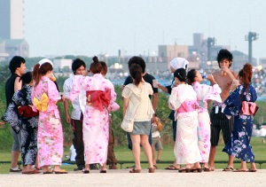 Young people in an event place in midsummer