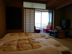 Futons on tatami in Japanese room