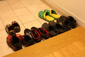 Shoes of visitors at the entrance of Japanese house
