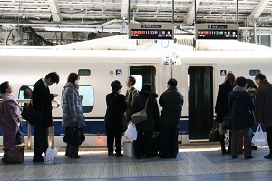 Waiting travelers on a Shinkansen station