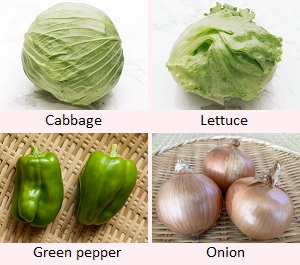 Cabbage, Lettuce, Green pepper, Onion