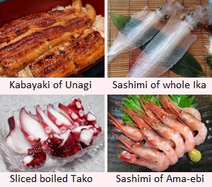 Unagi, Ika, Tako, Ebi