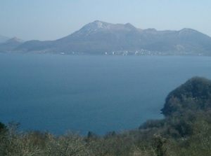 Mt.Usu and Toyako onsen town from the northrn shore of Lake Toya