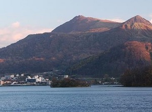 Mt.Usu and Toyako onsen resort from Lake Toya