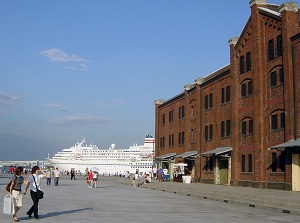 Red Brick Warehouse and cruising ship in Yokohama Port