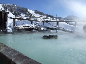 Outdoor bath in a ryokan in Manza onsen