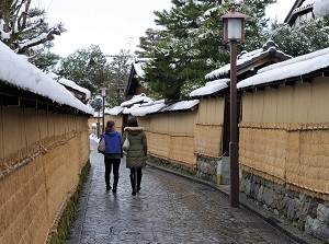 Alley with earthen walls in winter