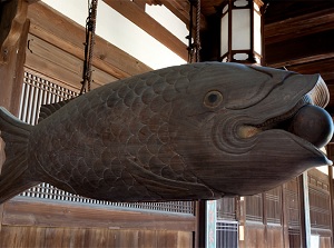 Fish-shaped wooden carving in Saido in in Manpukuji