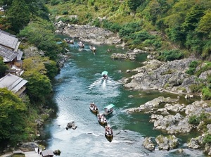 Cruising boats in Hozu gorge