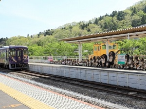 Racoon dog statues on Shigaraki station