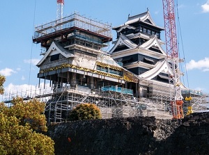 Repairing tower of Kumamoto Castle under repair in spring of 2019