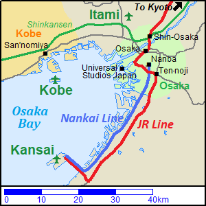 Map of the railway routes from Osaka to Kansai International Airport